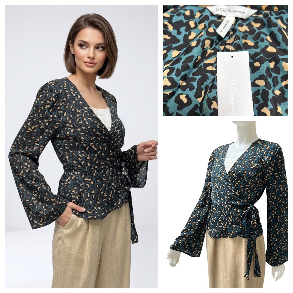 New BCBGeneration Teal Leopard Print Faux Wrap Bell Sleeve Blouse Sz Small NWT